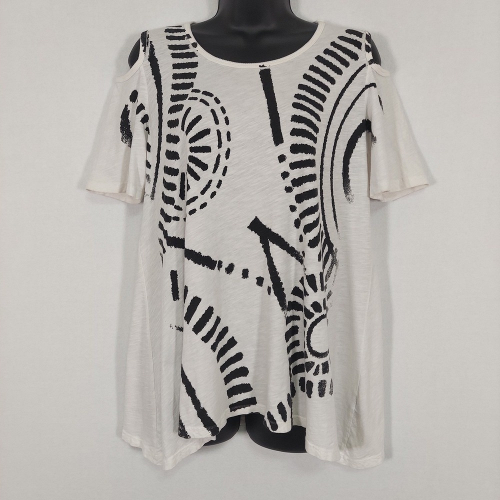 Jess & Jane Graphic S Cold Shoulder Tunic Top Black White Abstract Cotton USA